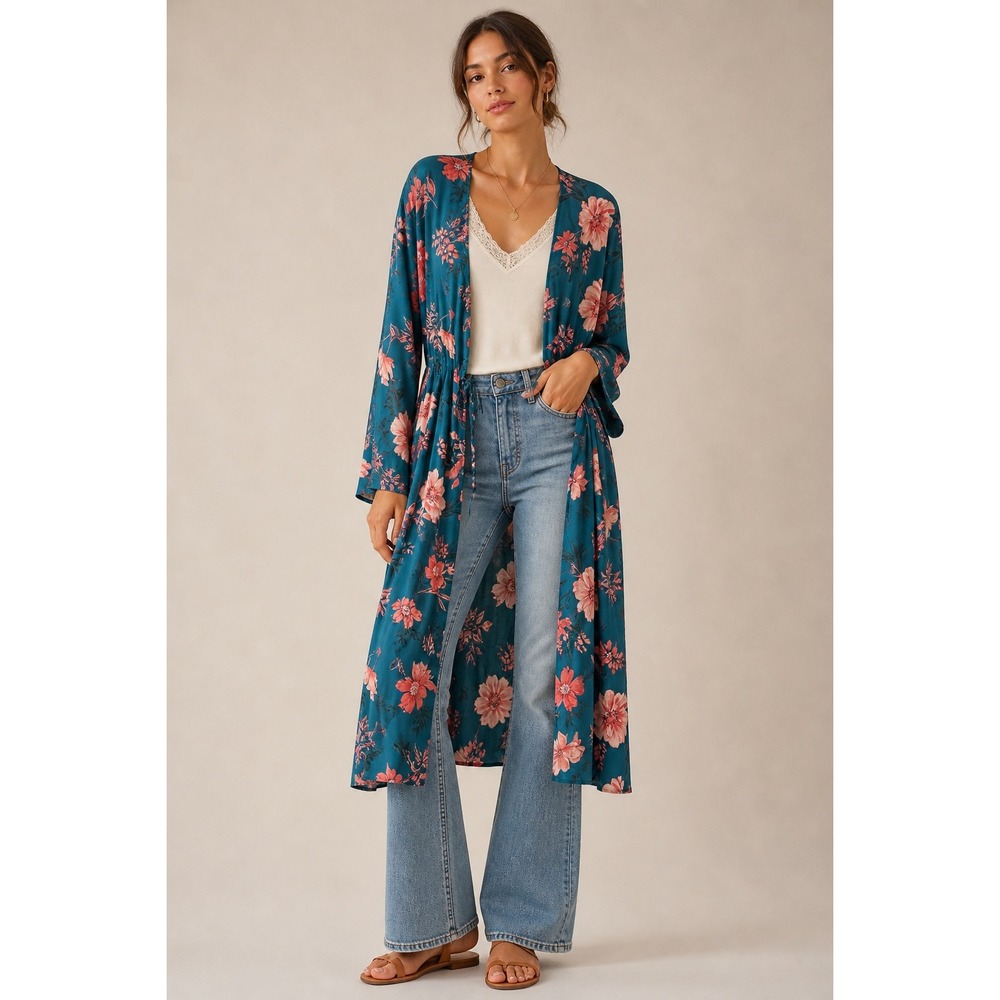 Torrid Teal Green Pink Floral Tie Front Kimono Duster Cardigan Plus Size 3 3X